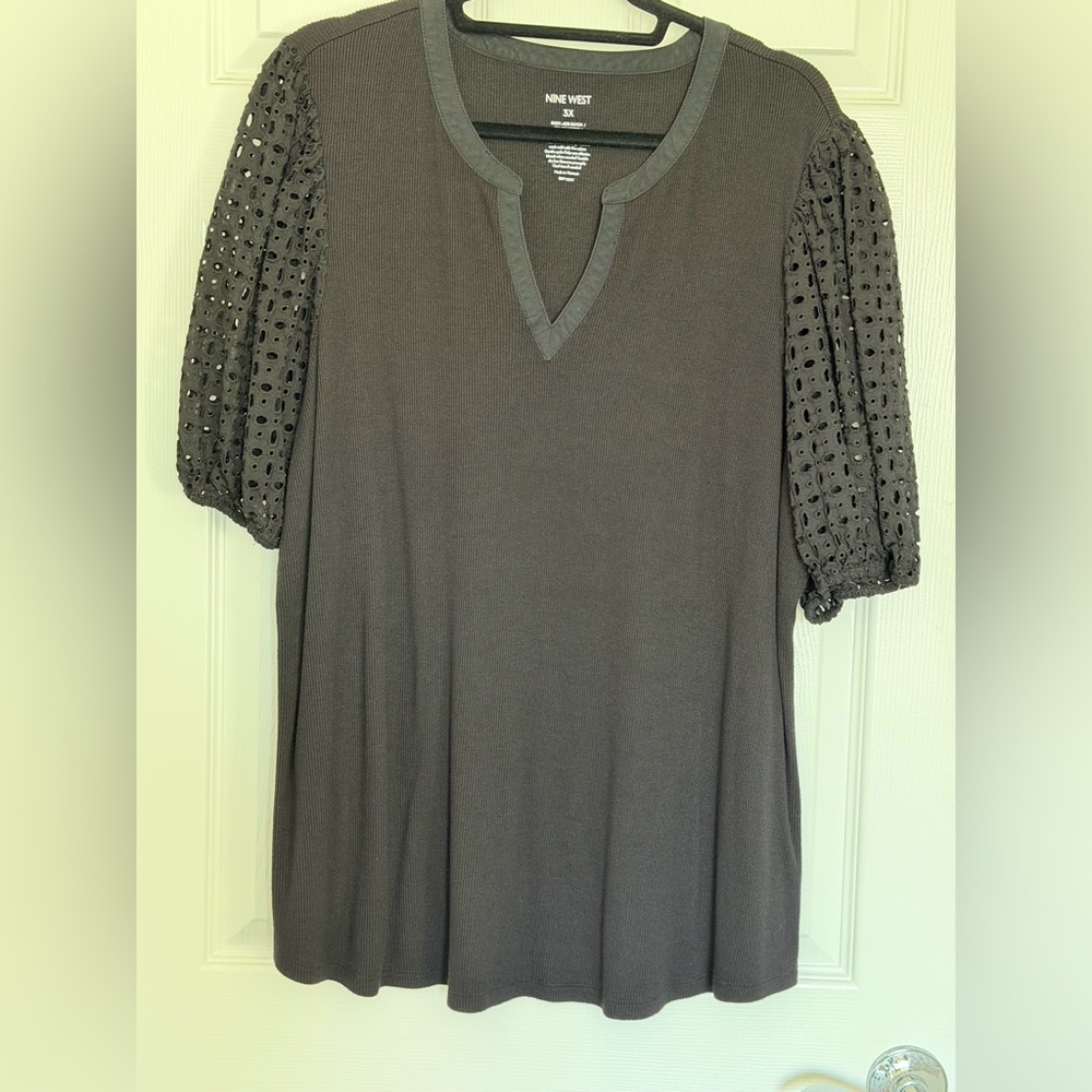 Nine West Charcoal Blouse with Eyelet Sleeves